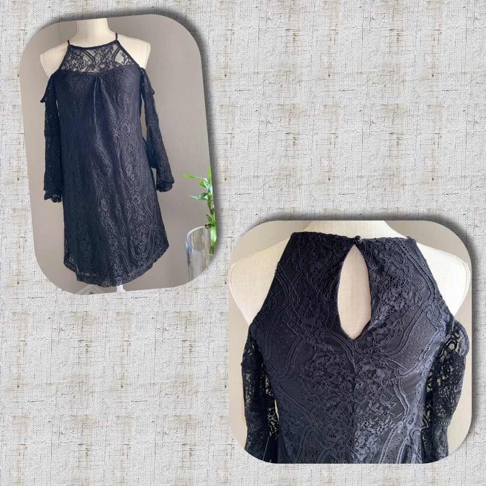 BCX Short Black Halter Neck Lace Mini Dress